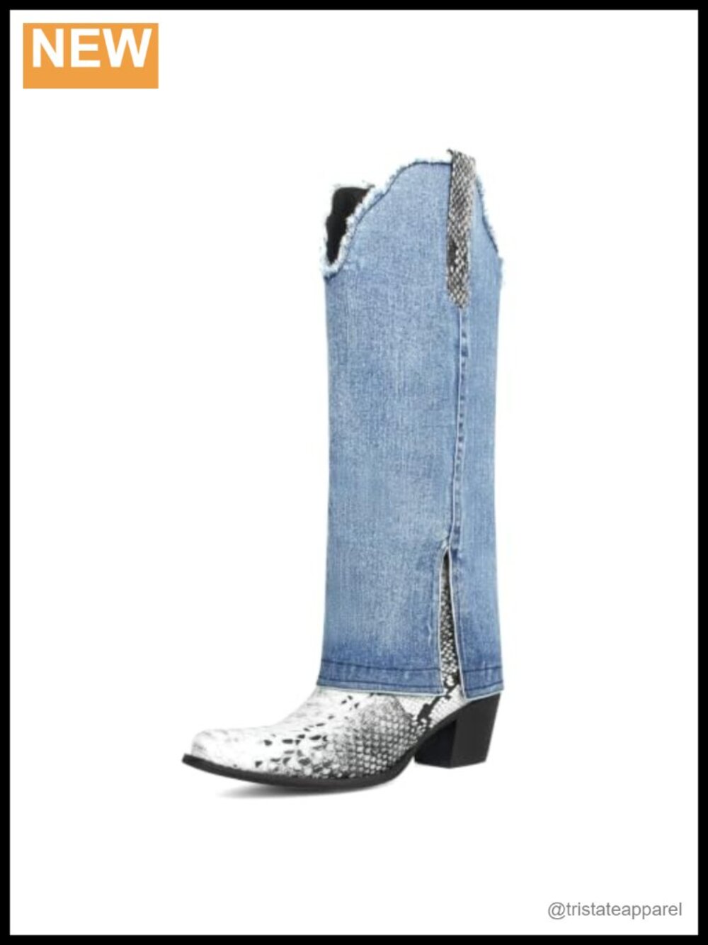 Denim Knee High Cowboy Boots Pointed Toe Pull On Chunky Block Heel